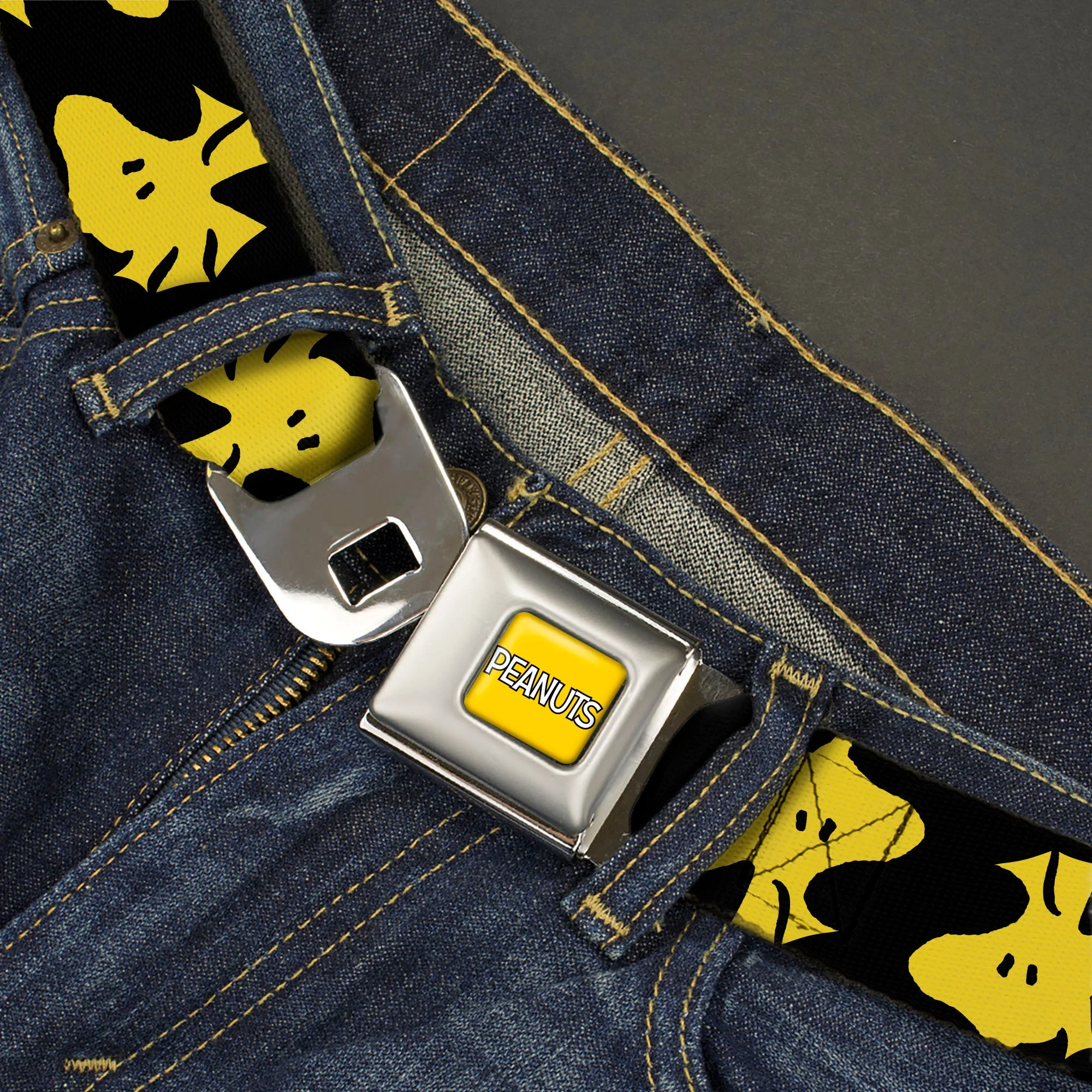PEANUTS Title Logo Full Color Yellow/White Seatbelt Belt - Peanuts Woodstock Face Flip Black/Yellow Webbing - Image 2