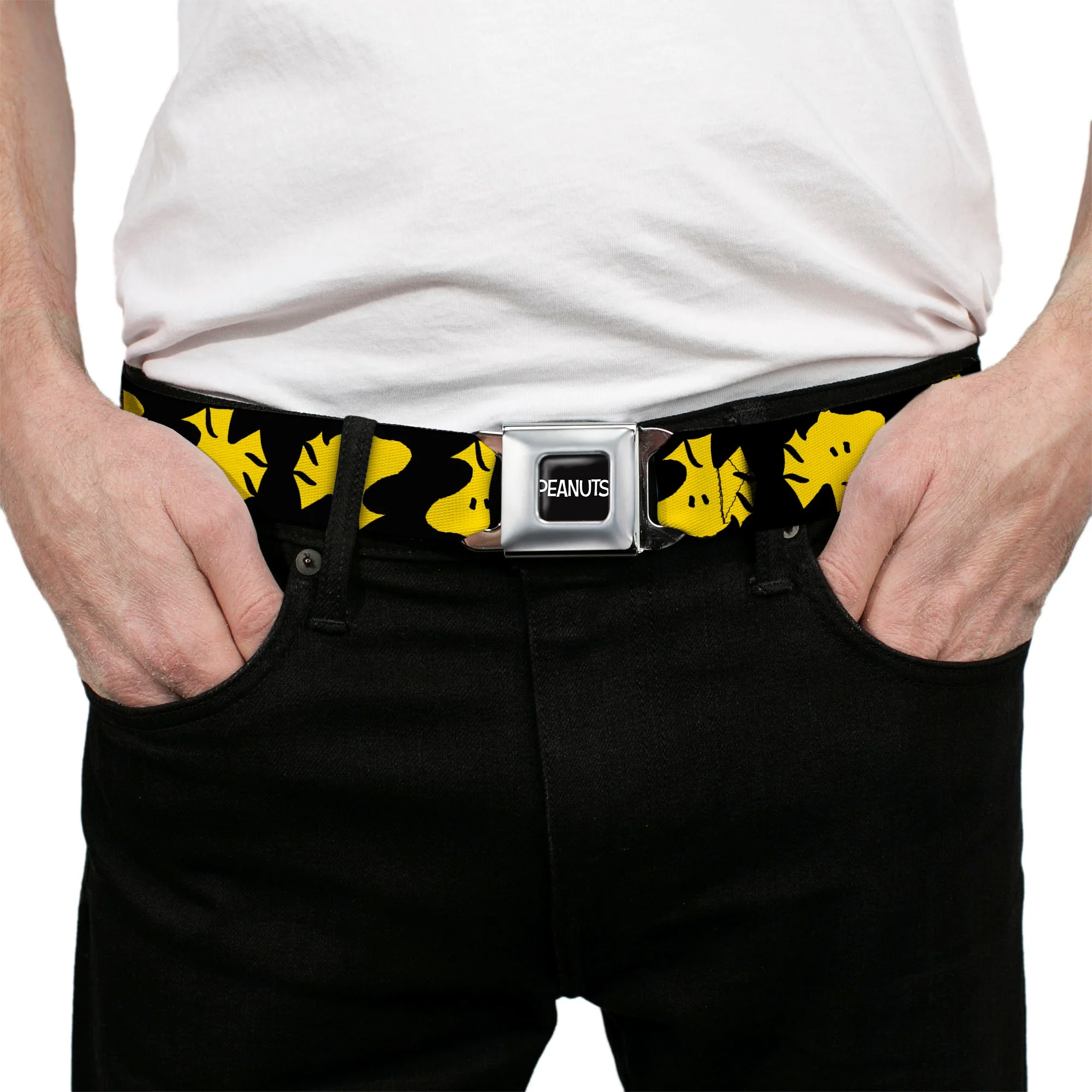 PEANUTS Title Logo Full Color Yellow/White Seatbelt Belt - Peanuts Woodstock Face Flip Black/Yellow Webbing - Image 3