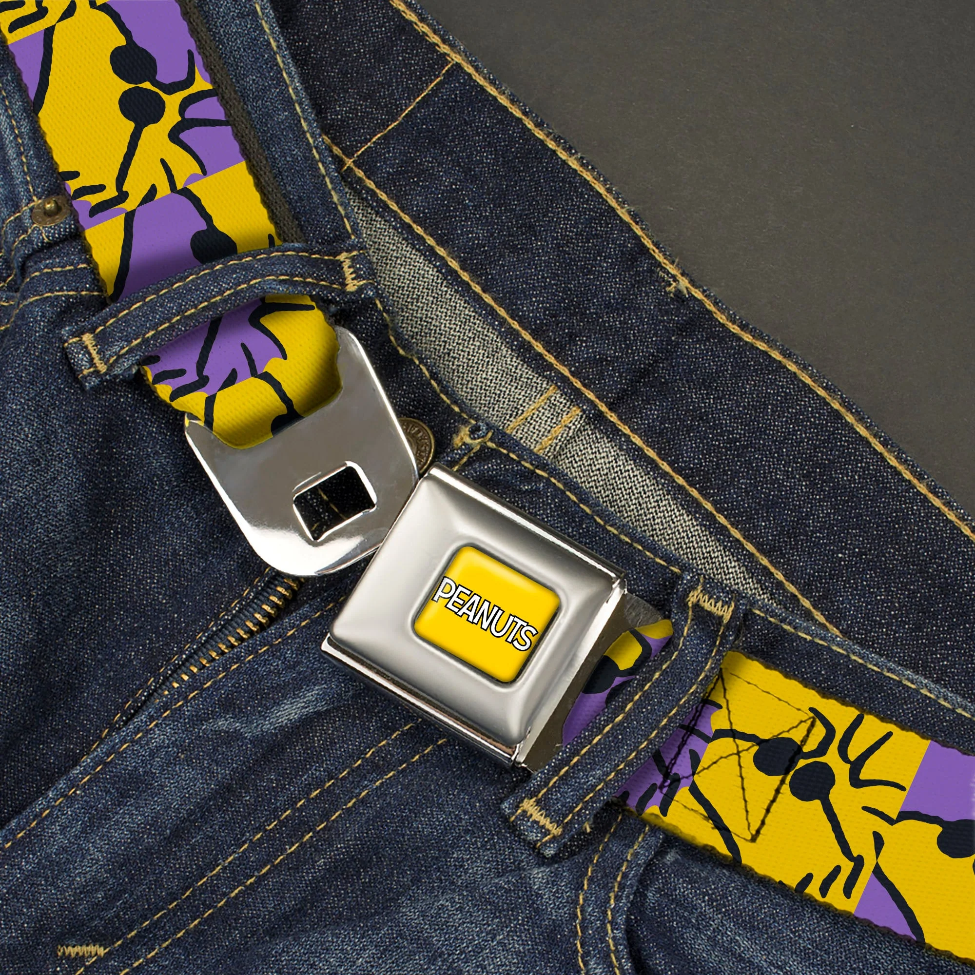 PEANUTS Title Logo Full Color Yellow/White Seatbelt Belt - Peanuts Woodstock Shades Pose Blocks Blue/Yellow/Black Webbing - Image 2