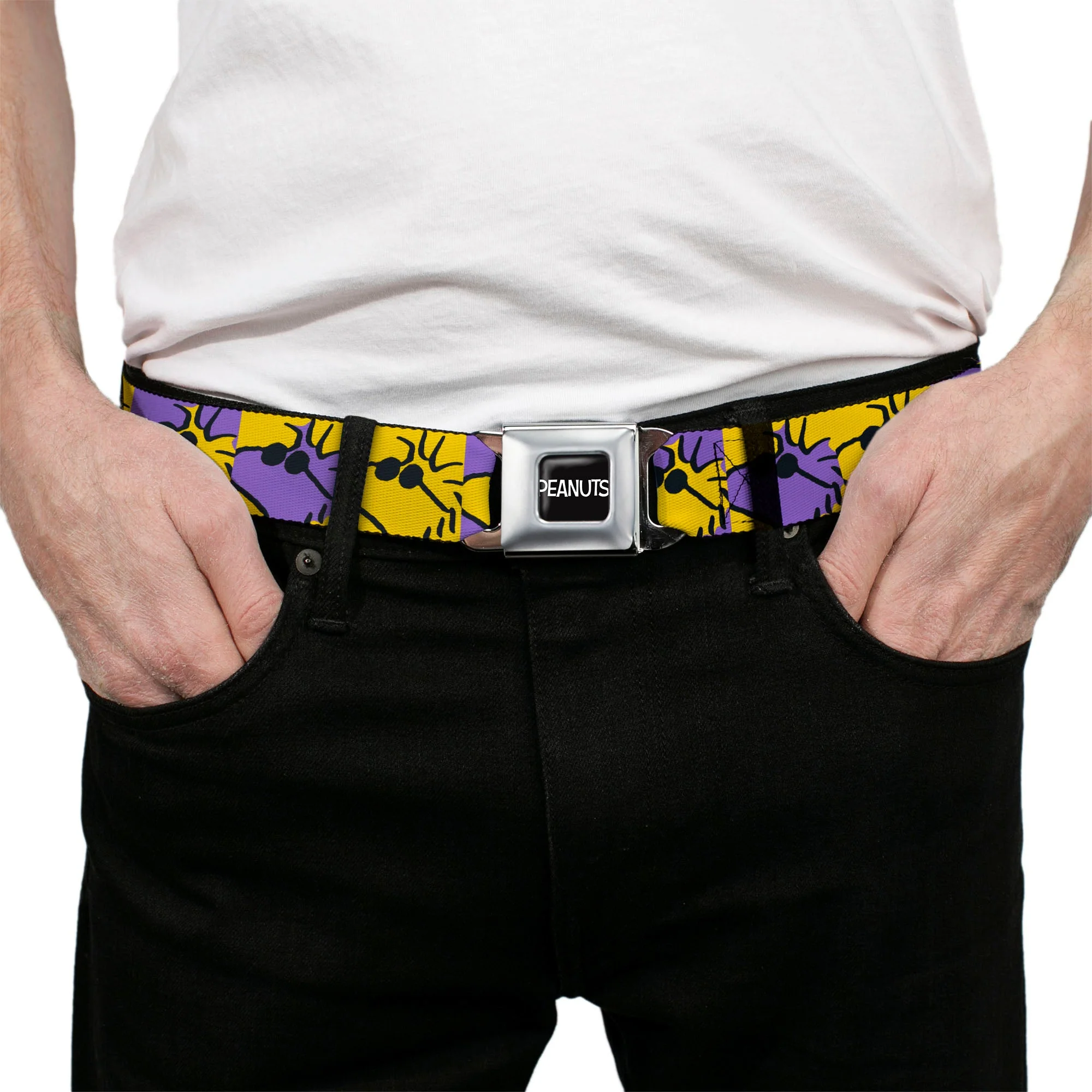 PEANUTS Title Logo Full Color Yellow/White Seatbelt Belt - Peanuts Woodstock Shades Pose Blocks Blue/Yellow/Black Webbing - Image 3