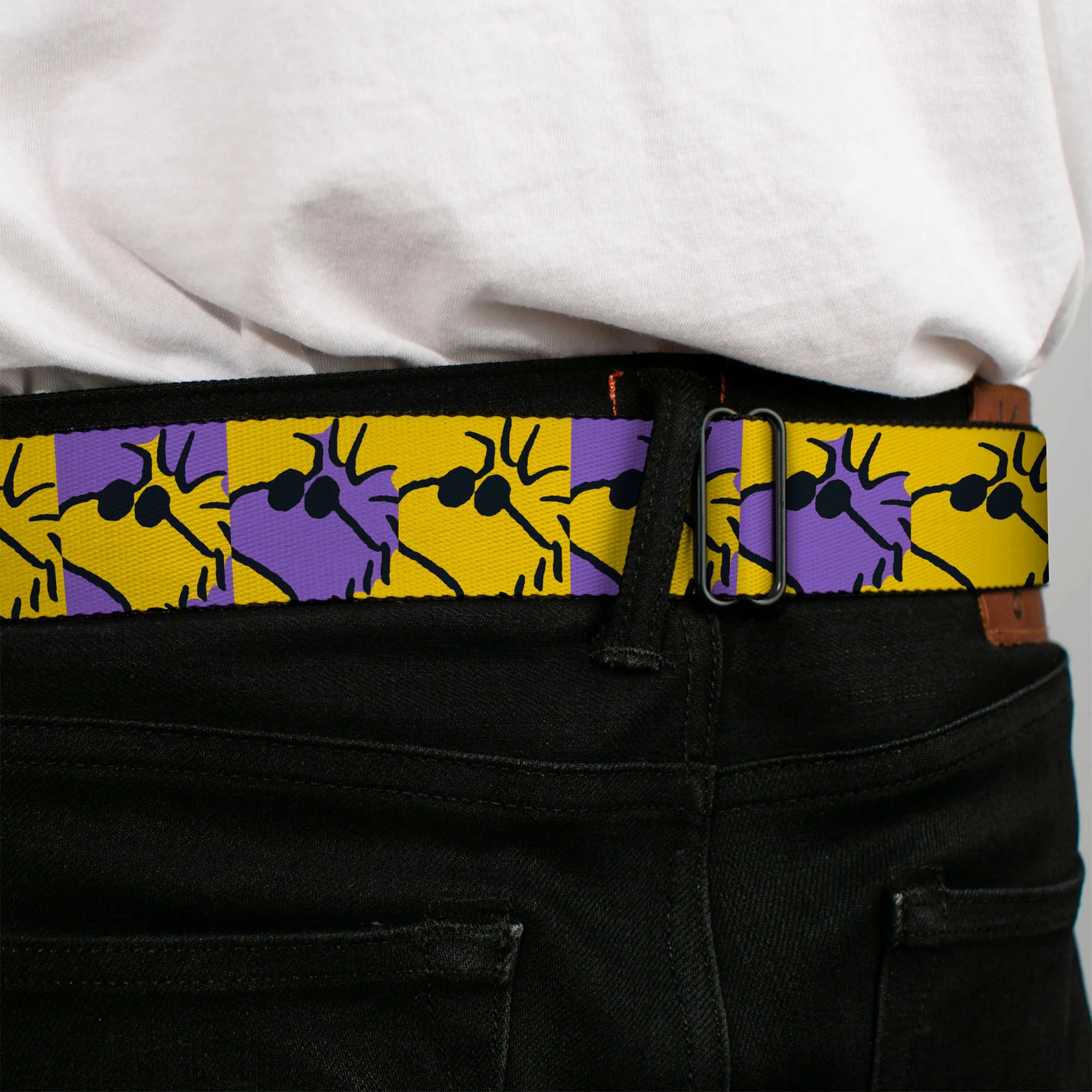 PEANUTS Title Logo Full Color Yellow/White Seatbelt Belt - Peanuts Woodstock Shades Pose Blocks Blue/Yellow/Black Webbing - Image 4
