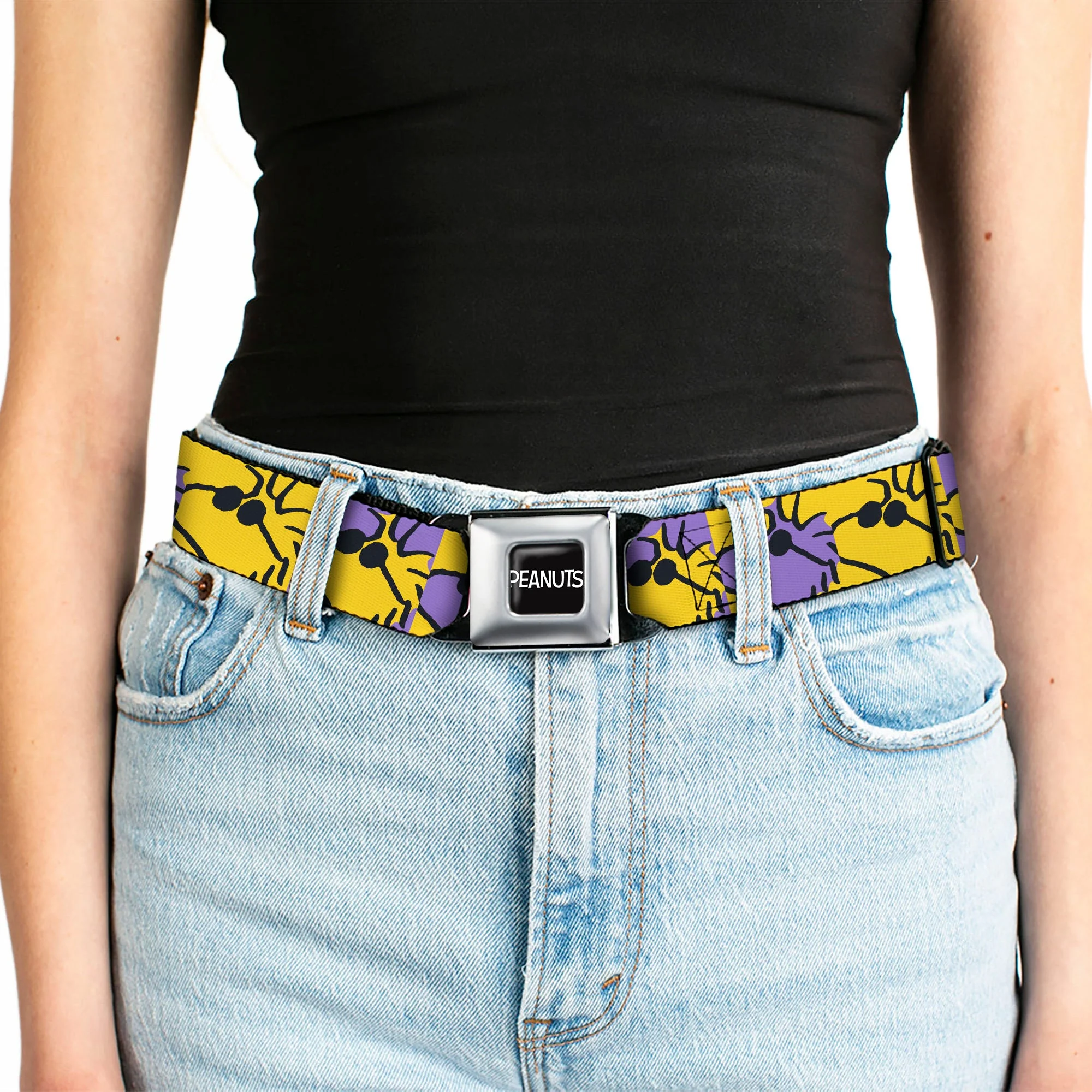 PEANUTS Title Logo Full Color Yellow/White Seatbelt Belt - Peanuts Woodstock Shades Pose Blocks Blue/Yellow/Black Webbing - Image 5