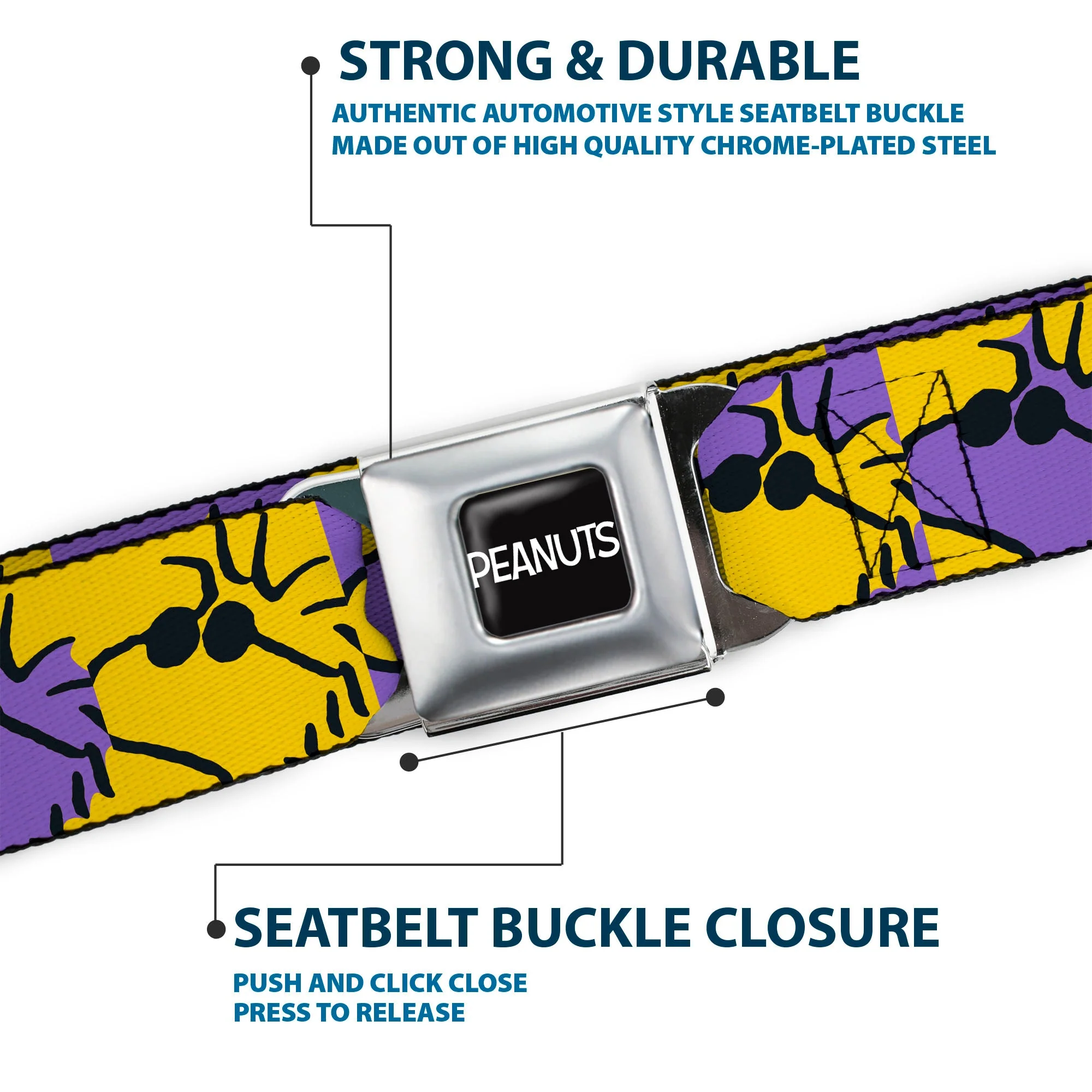 PEANUTS Title Logo Full Color Yellow/White Seatbelt Belt - Peanuts Woodstock Shades Pose Blocks Blue/Yellow/Black Webbing - Image 7