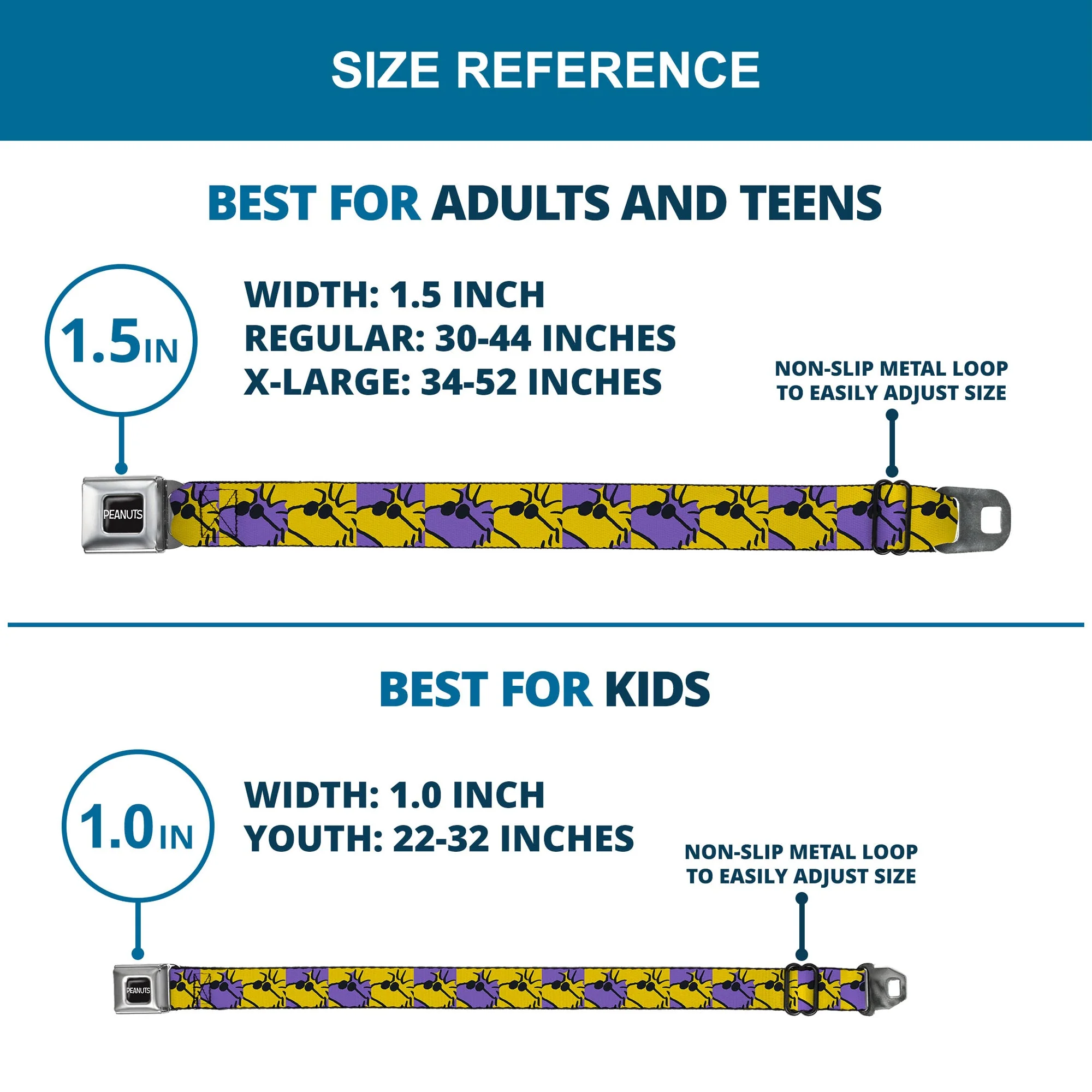 PEANUTS Title Logo Full Color Yellow/White Seatbelt Belt - Peanuts Woodstock Shades Pose Blocks Blue/Yellow/Black Webbing - Image 8