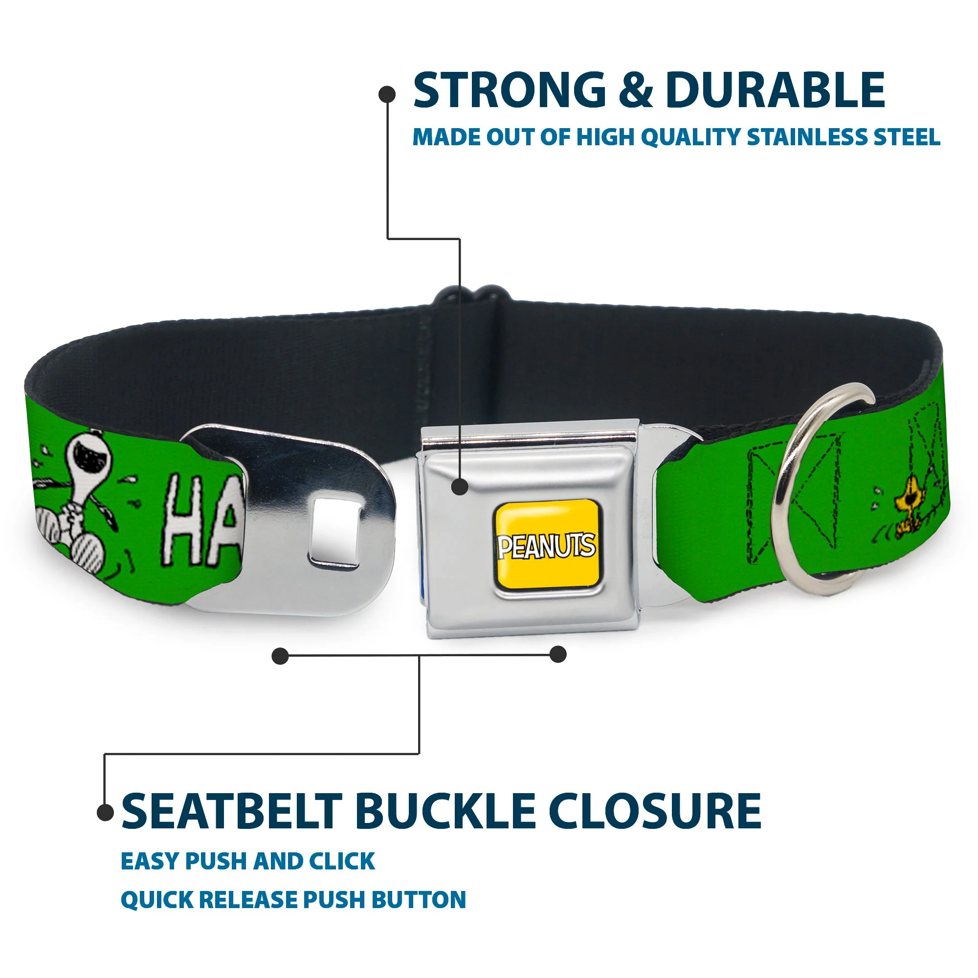 PEANUTS Title Logo Full Color Yellow/White Seatbelt Buckle Collar - Peanuts Snoopy and Woodstock Laughing HAHA Pose Green - Image 4