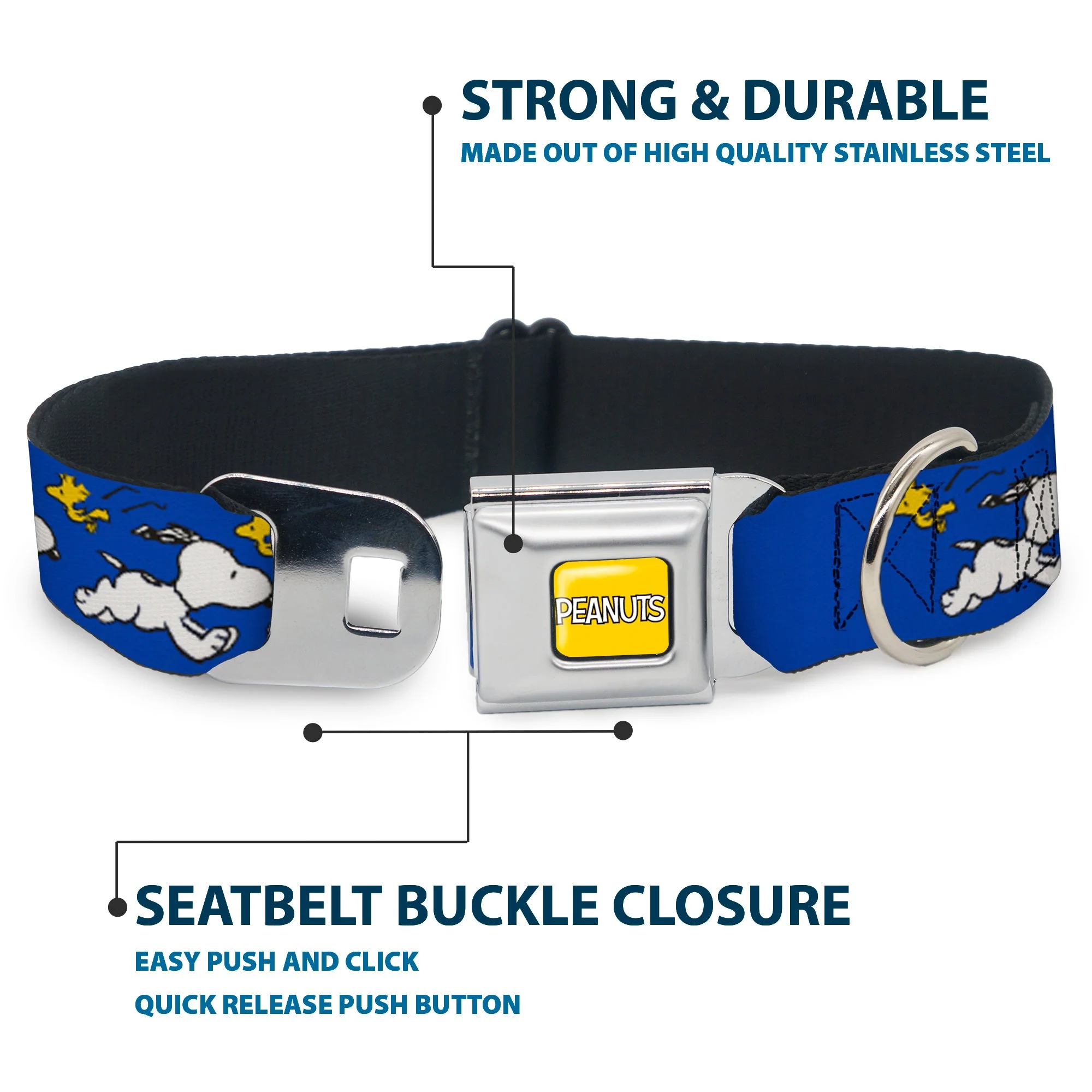 PEANUTS Title Logo Full Color Yellow/White Seatbelt Buckle Collar - Peanuts Snoopy Running and Woodstock Pose Blue - Image 4