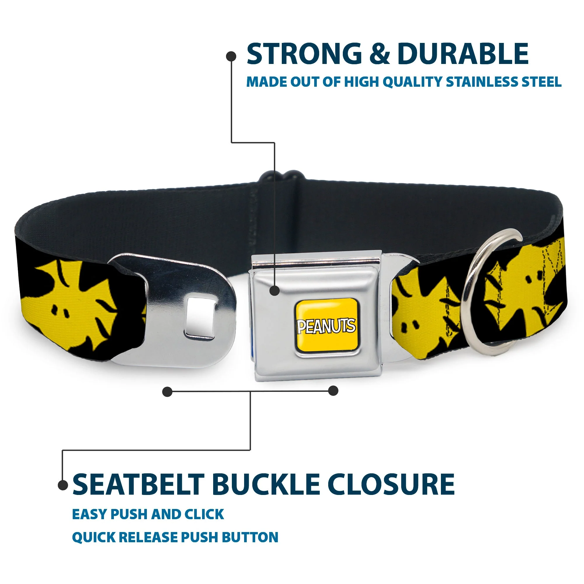 PEANUTS Title Logo Full Color Yellow/White Seatbelt Buckle Collar - Peanuts Woodstock Face Flip Black/Yellow - Image 4