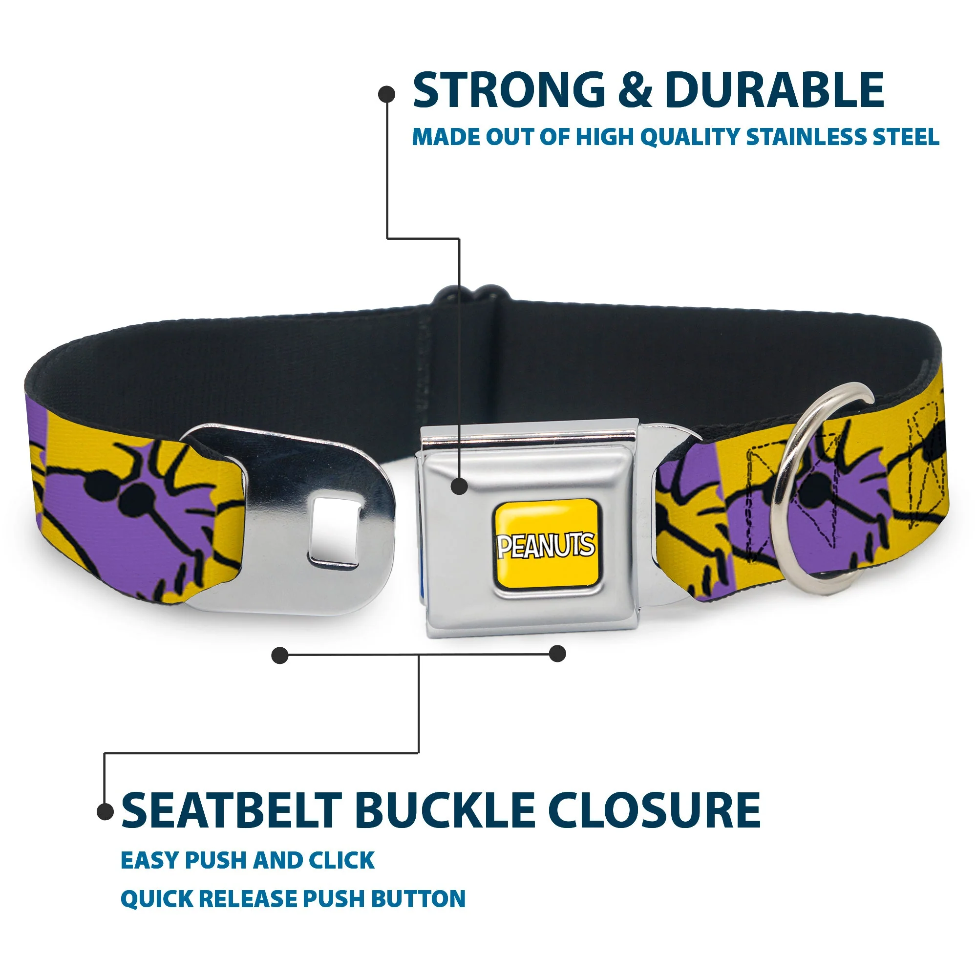 PEANUTS Title Logo Full Color Yellow/White Seatbelt Buckle Collar - Peanuts Woodstock Shades Pose Blocks Blue/Yellow/Black - Image 4