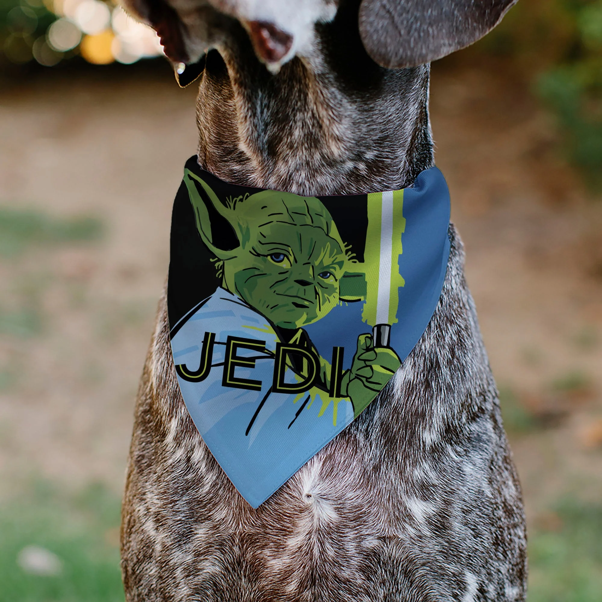 Pet Bandana - Star Wars JEDI Text and Yoda Lightsaber Pop Art Pose Black/Blues - Image 4