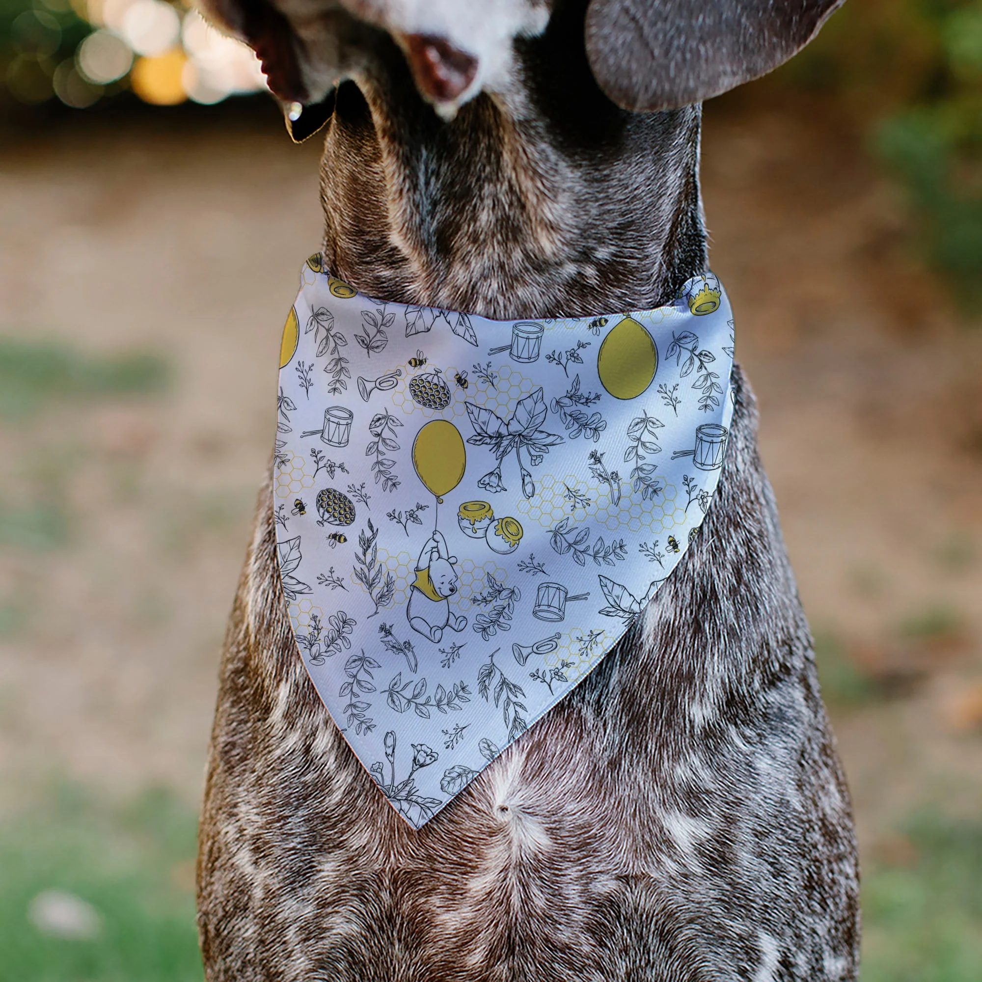 Pet Bandana - Winnie the Pooh Balloon Pose and Foliage Collage Beige/Black/Yellows - Image 4