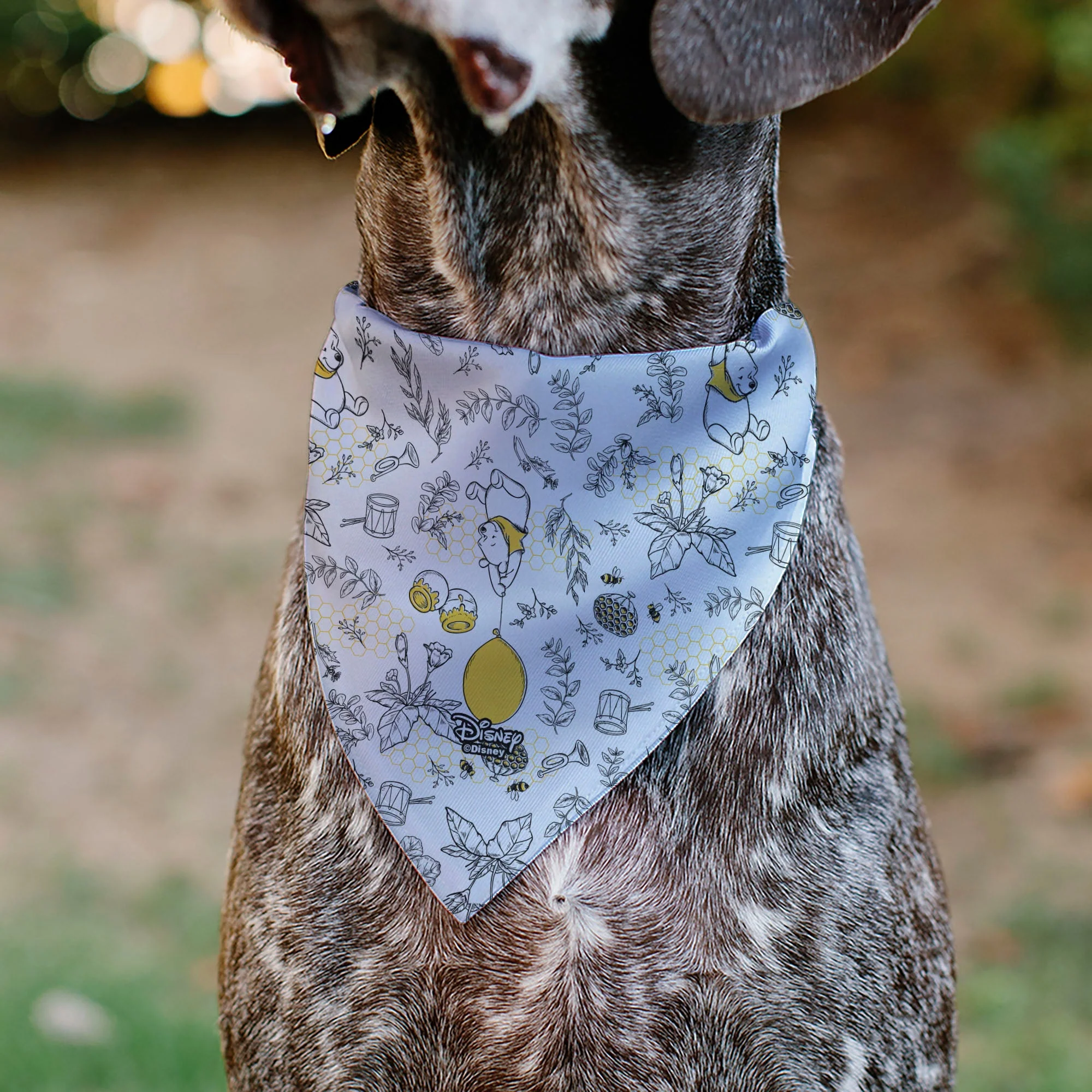 Pet Bandana - Winnie the Pooh Balloon Pose and Foliage Collage Beige/Black/Yellows - Image 5