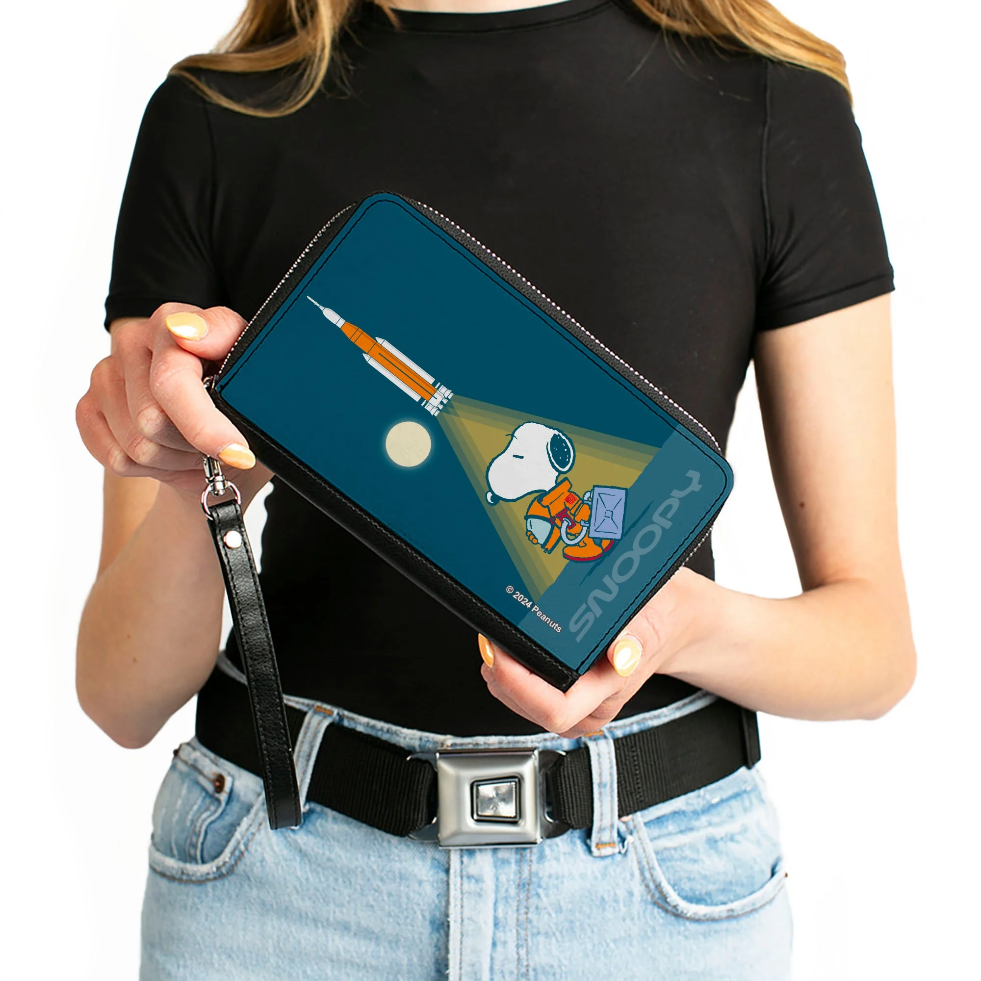 PU Zip Around Wallet Rectangle - Peanuts Astronaut Rocket Launch Snoopy Pose Blues - Image 3