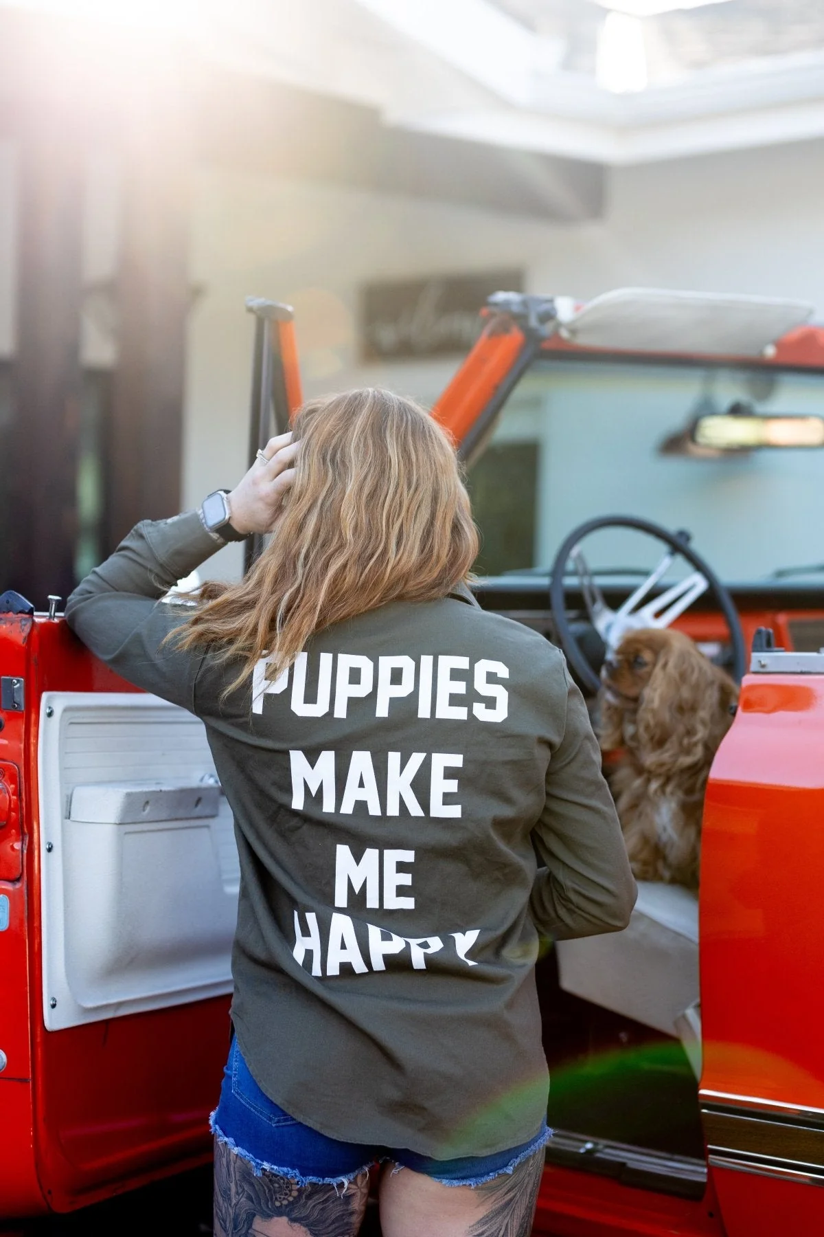 Puppies Make Me Happy Military Button Up | Present For Dog Lover | Made in USA - Image 11