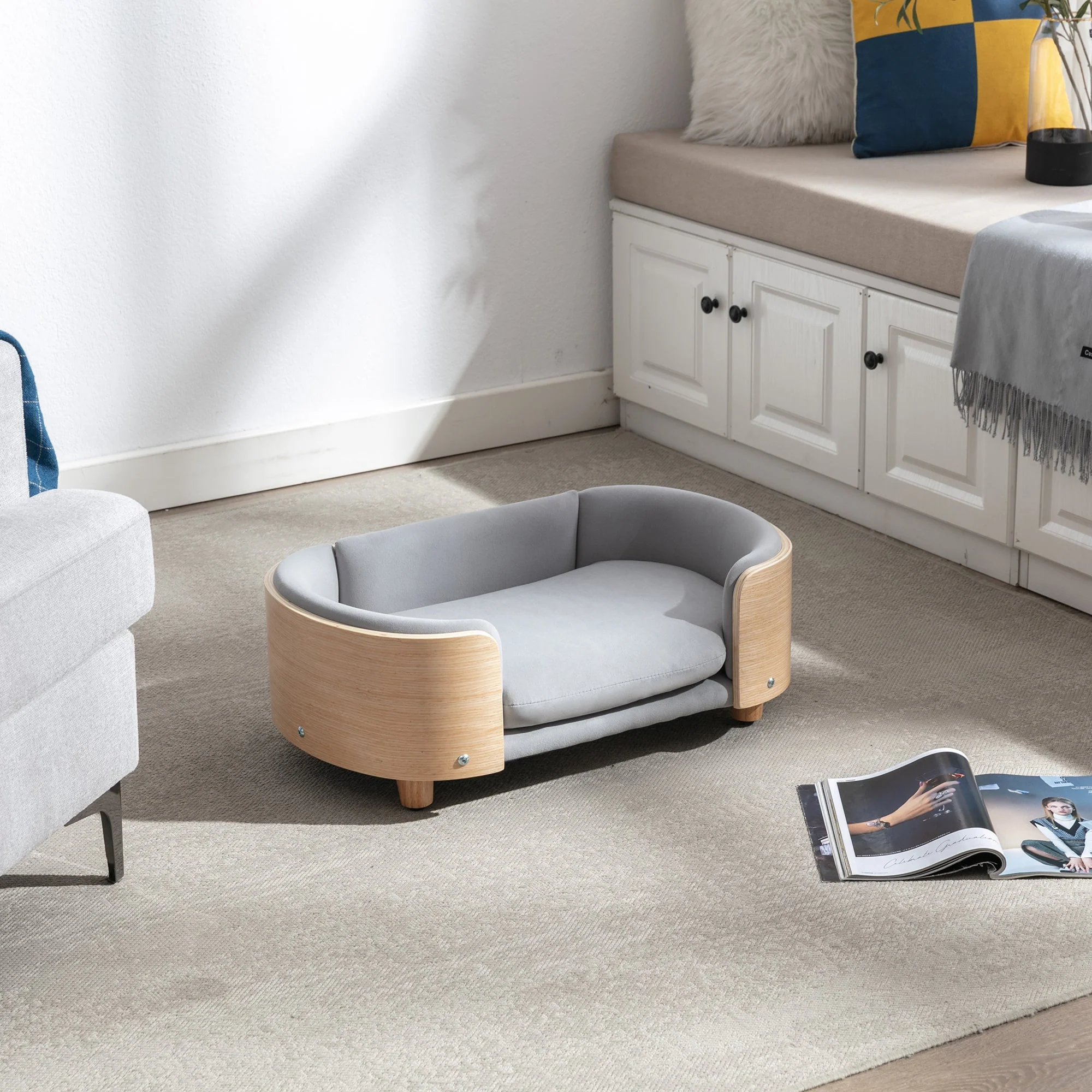 Scandinavian style Elevated Dog Bed Pet Sofa With Solid Wood legs and Bent Wood Back, Velvet Cushion,Small Size - Image 10