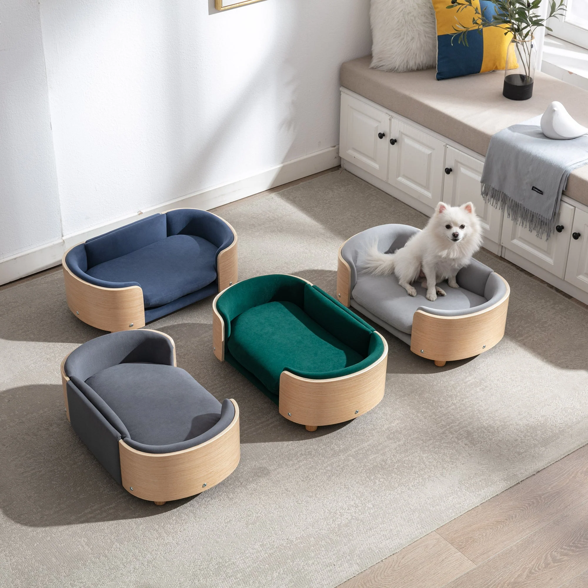 Scandinavian style Elevated Dog Bed Pet Sofa With Solid Wood legs and Bent Wood Back, Velvet Cushion,Small Size - Image 12