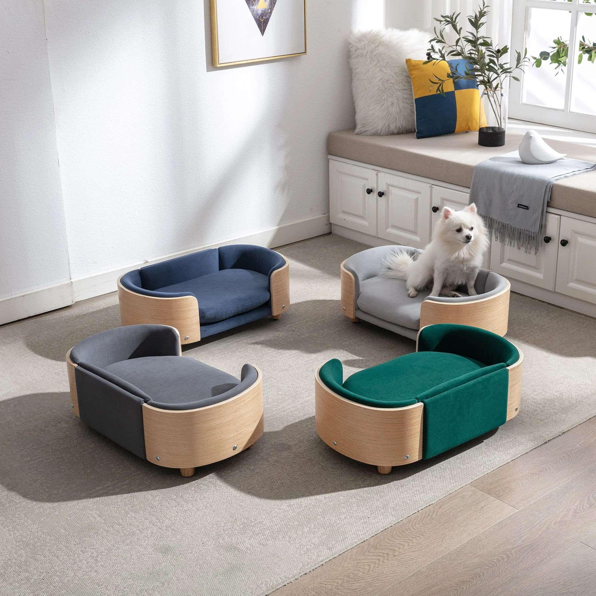 Scandinavian style Elevated Dog Bed Pet Sofa With Solid Wood legs and Bent Wood Back, Velvet Cushion,Small Size - Image 13