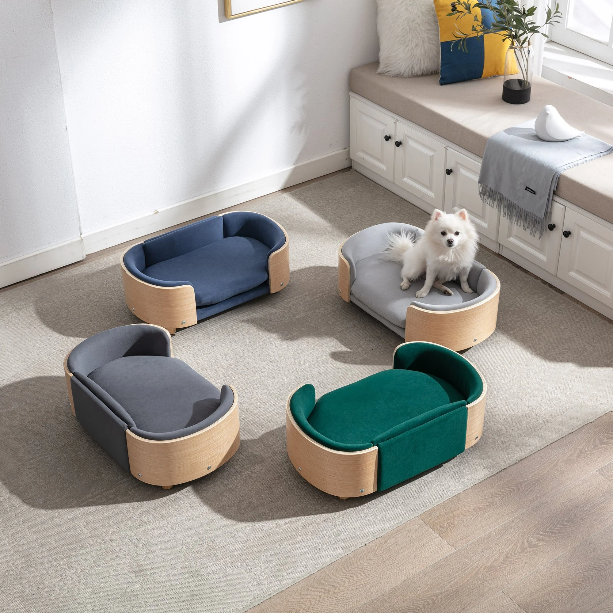 Scandinavian style Elevated Dog Bed Pet Sofa With Solid Wood legs and Bent Wood Back, Velvet Cushion,Small Size - Image 14