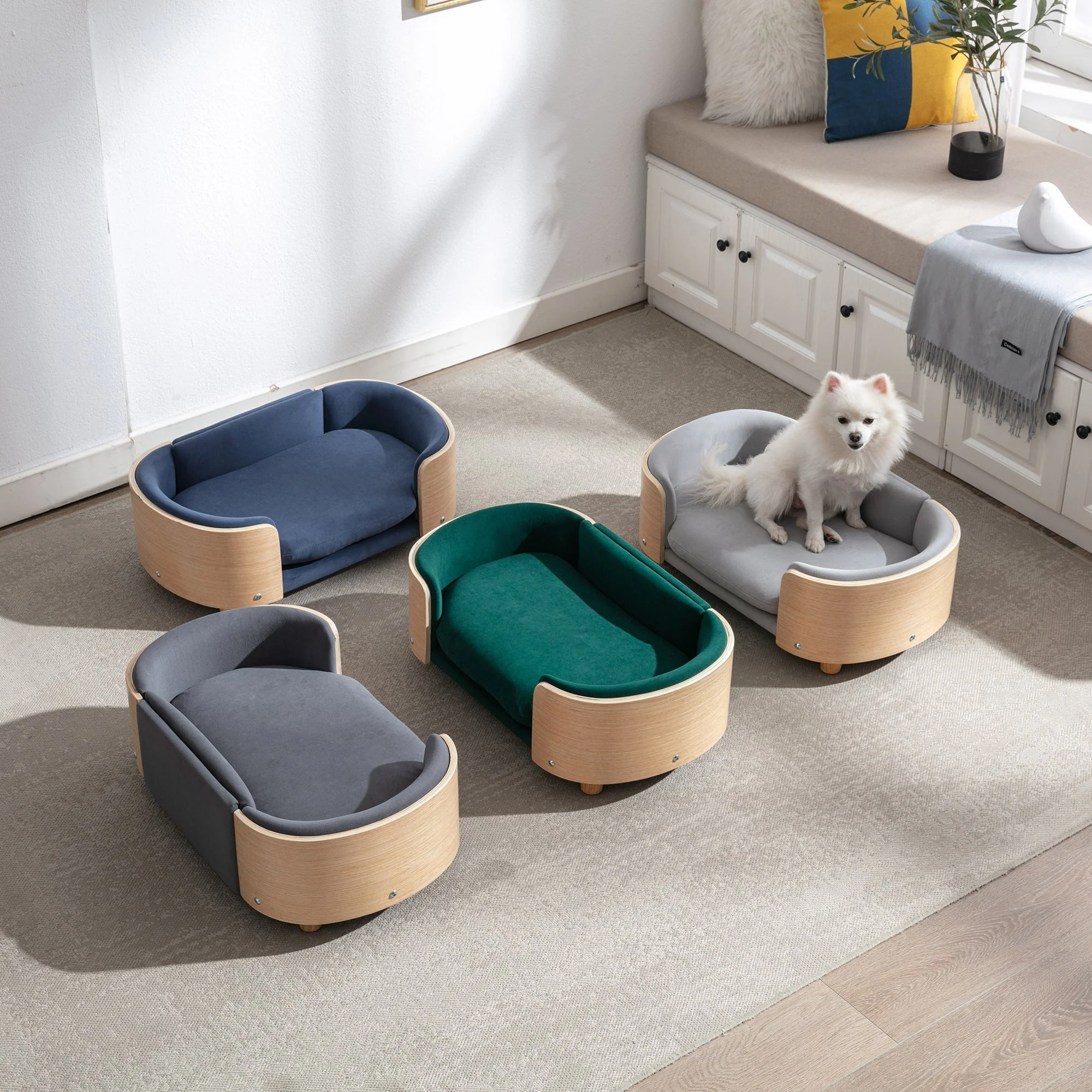 Scandinavian style Elevated Dog Bed Pet Sofa With Solid Wood legs and Bent Wood Back, Velvet Cushion,Small Size - Image 15