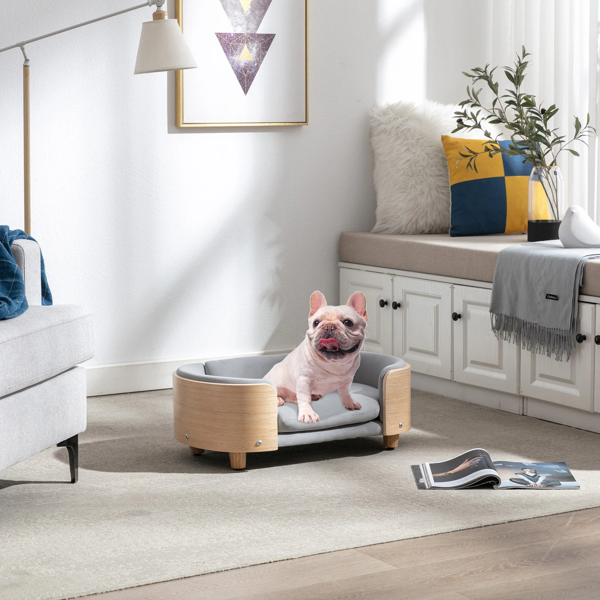 Scandinavian style Elevated Dog Bed Pet Sofa With Solid Wood legs and Bent Wood Back, Velvet Cushion,Small Size - Image 16