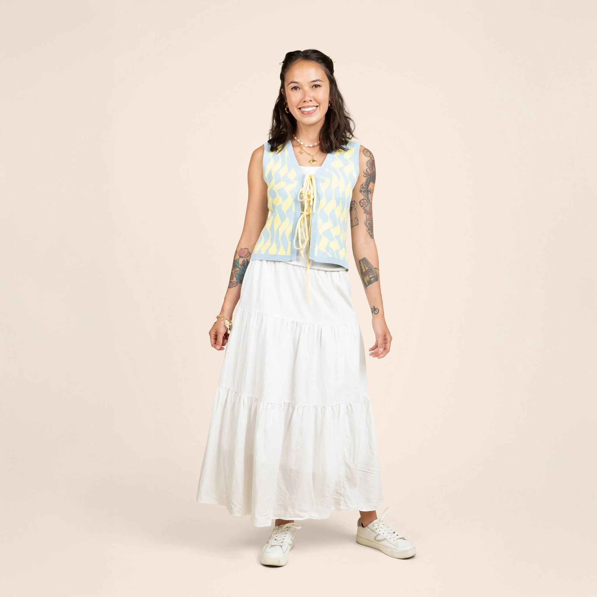 Seaside Swirl Human Cotton Knitted Tunic Vest with Tie Front - Image 3