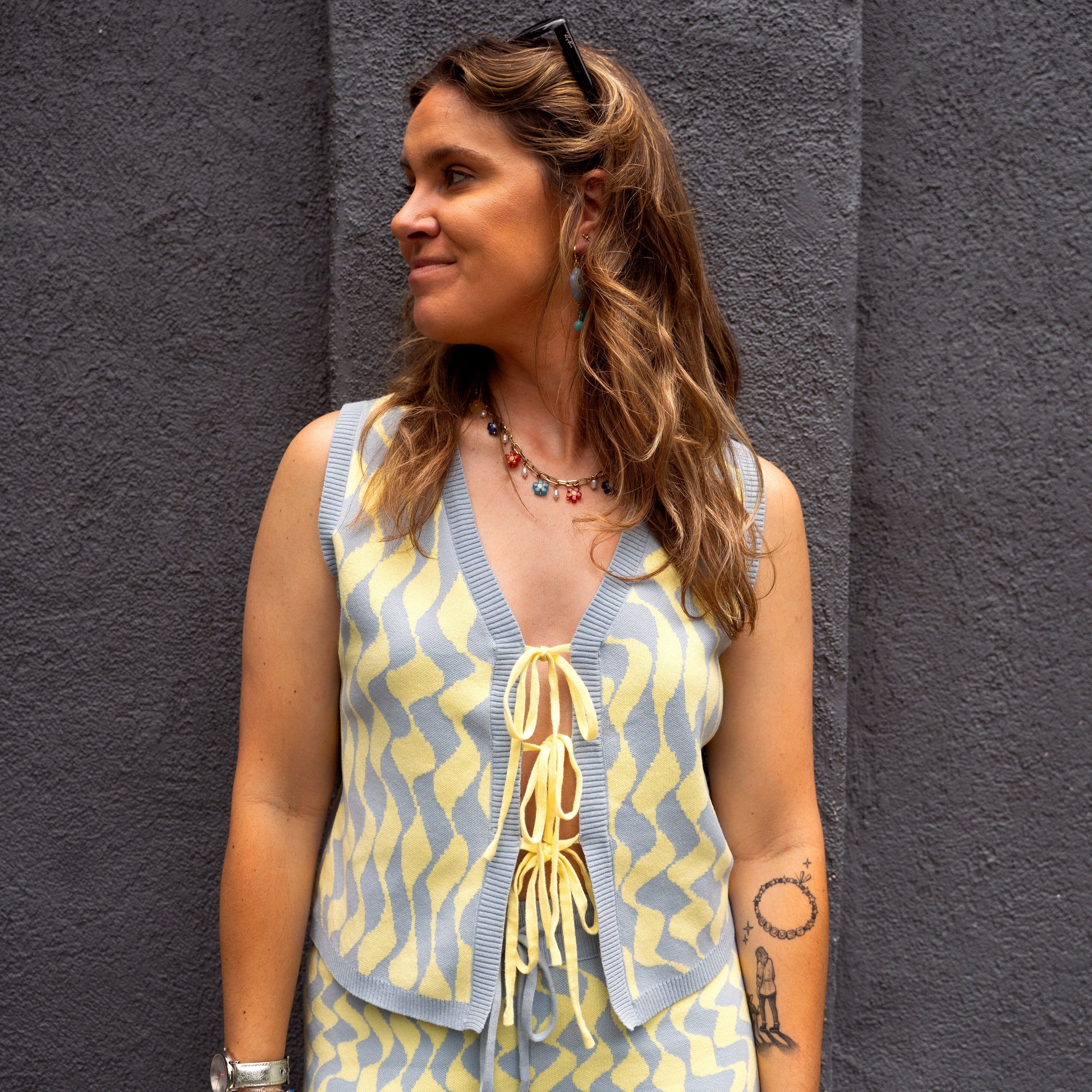Seaside Swirl Human Cotton Knitted Tunic Vest with Tie Front - Image 4