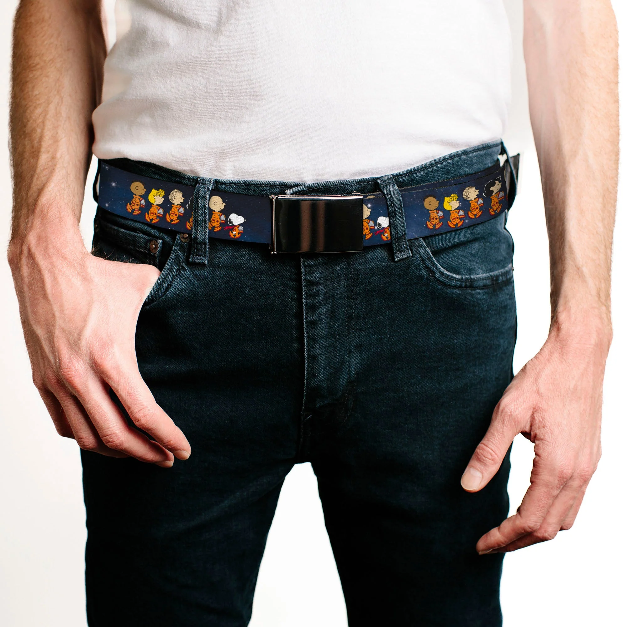 Web Belt Blank Black Buckle - Peanuts Gang Astronauts Space Walk Group Pose Blues Webbing - Image 2