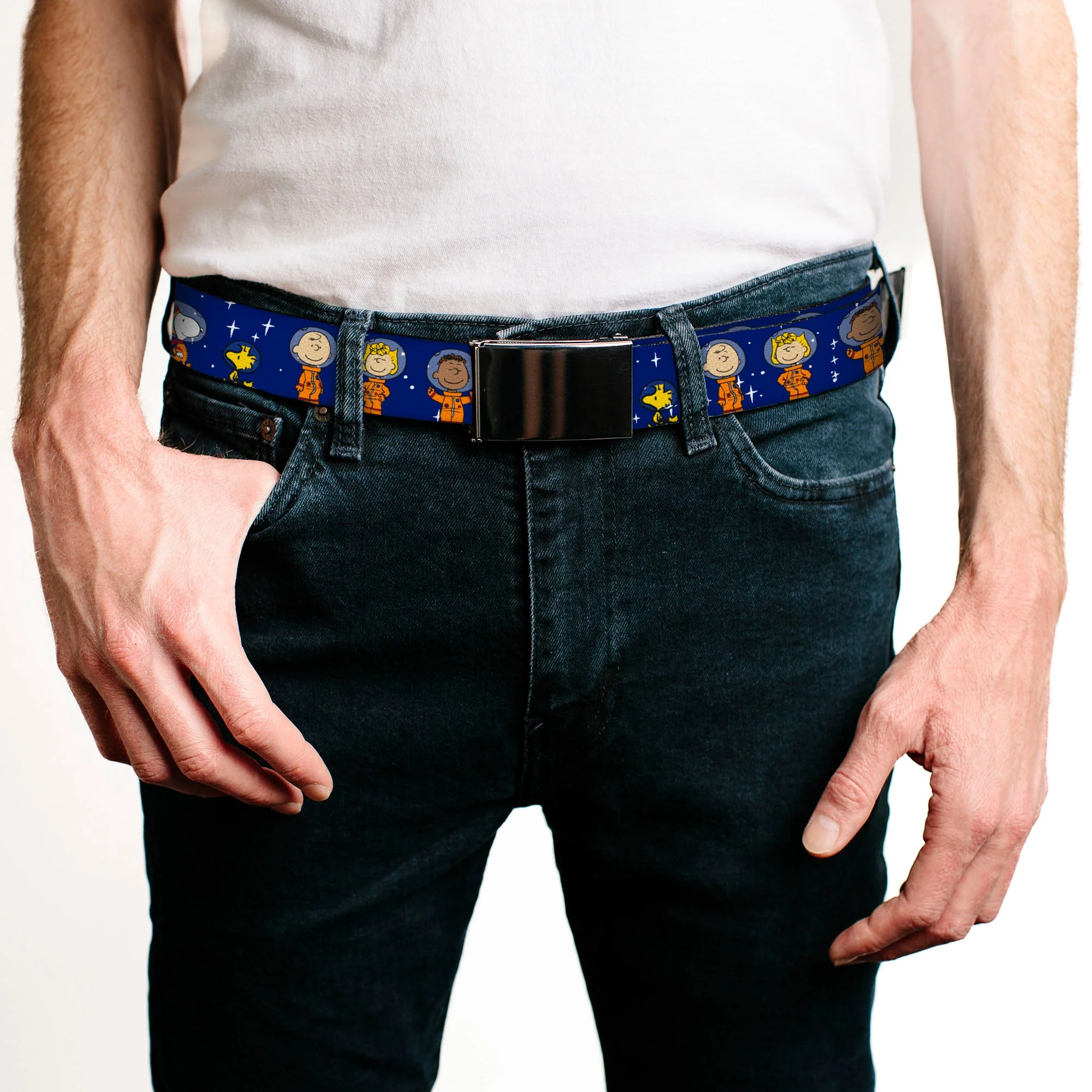 Web Belt Blank Black Buckle - Peanuts Gang Astronauts Standing Poses Stars Blue/White Webbing - Image 2