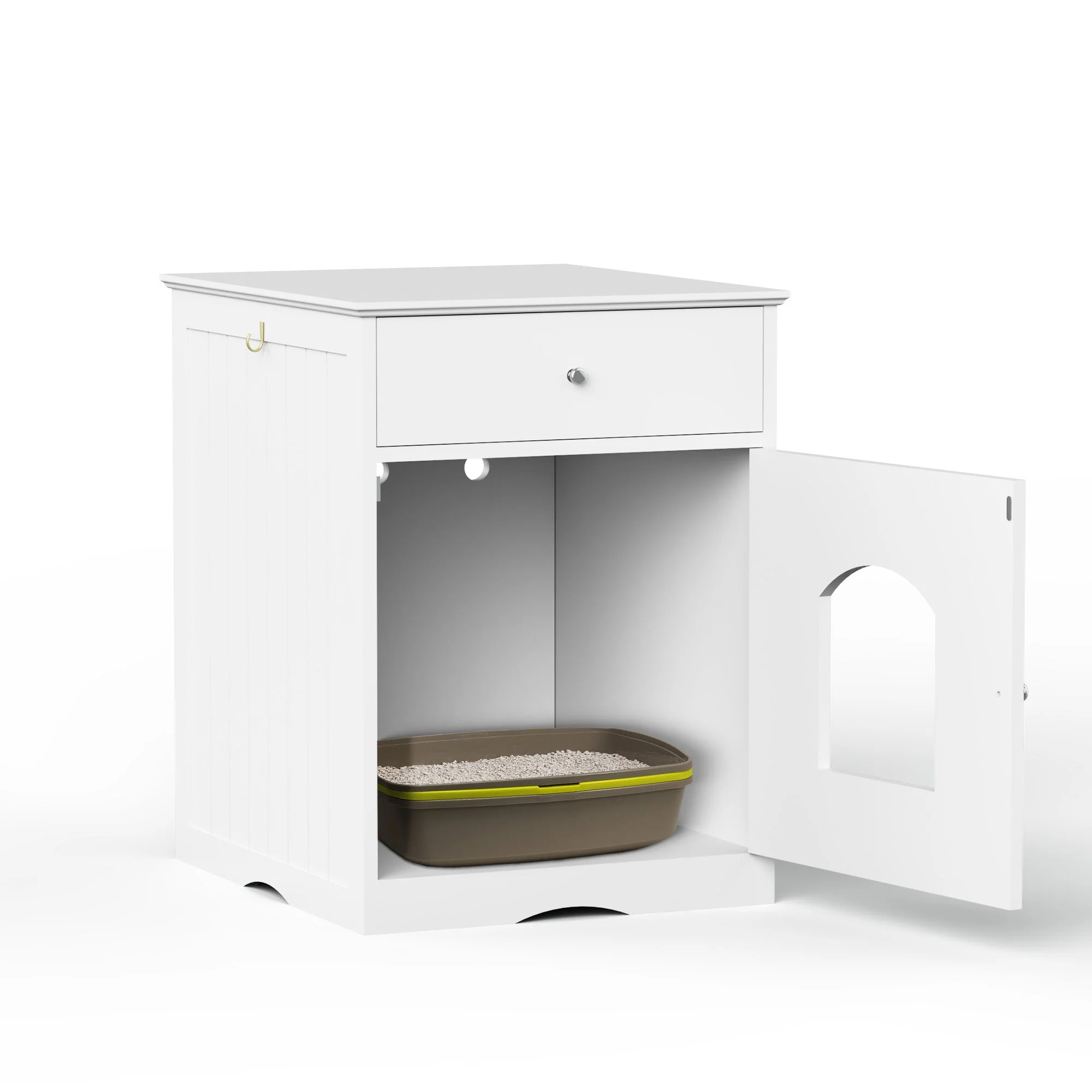 Wooden Pet House Cat Litter Box Enclosure with Drawer, Side Table, Indoor Pet Crate, Cat Home Nightstand (White) - Image 10