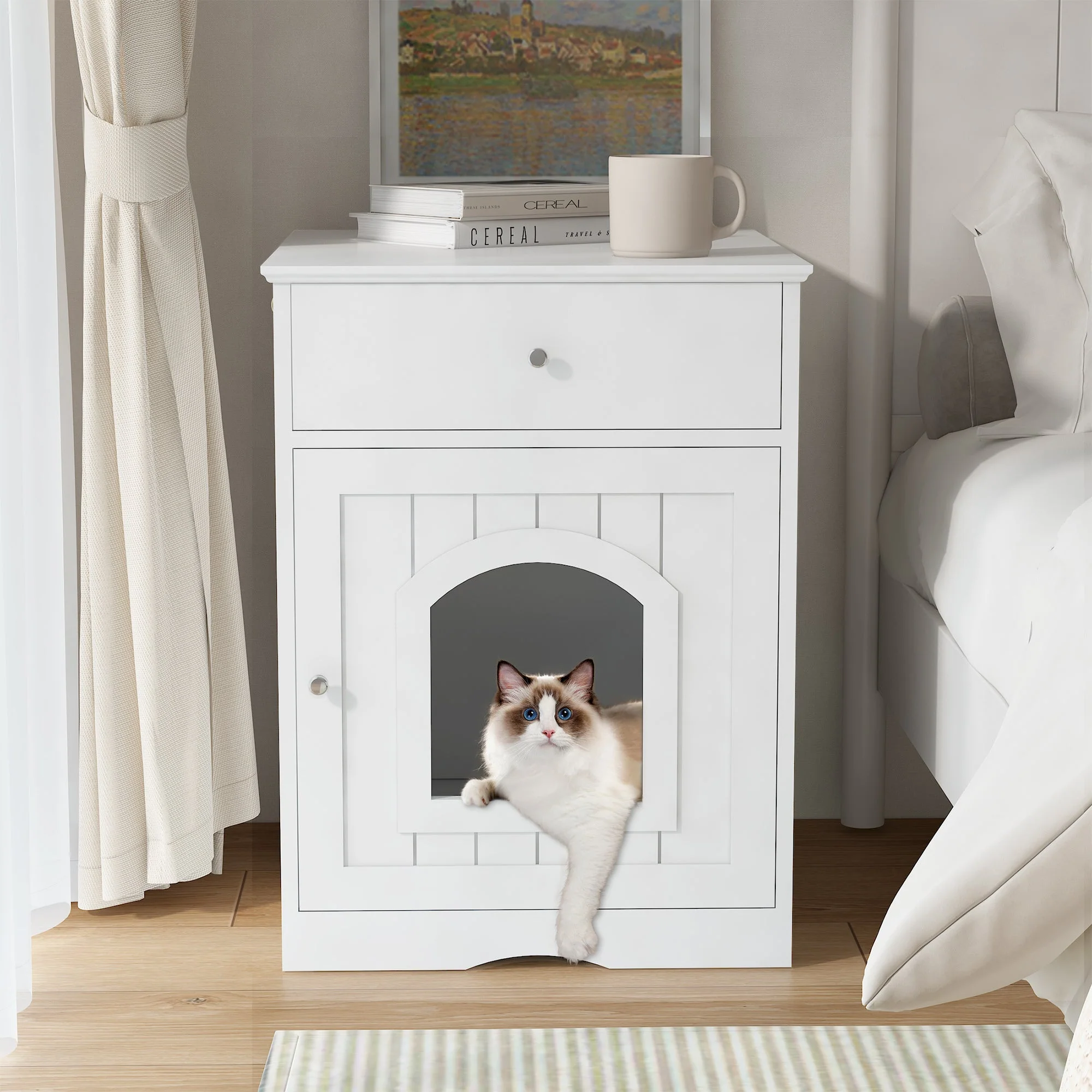 Wooden Pet House Cat Litter Box Enclosure with Drawer, Side Table, Indoor Pet Crate, Cat Home Nightstand (White) - Image 2