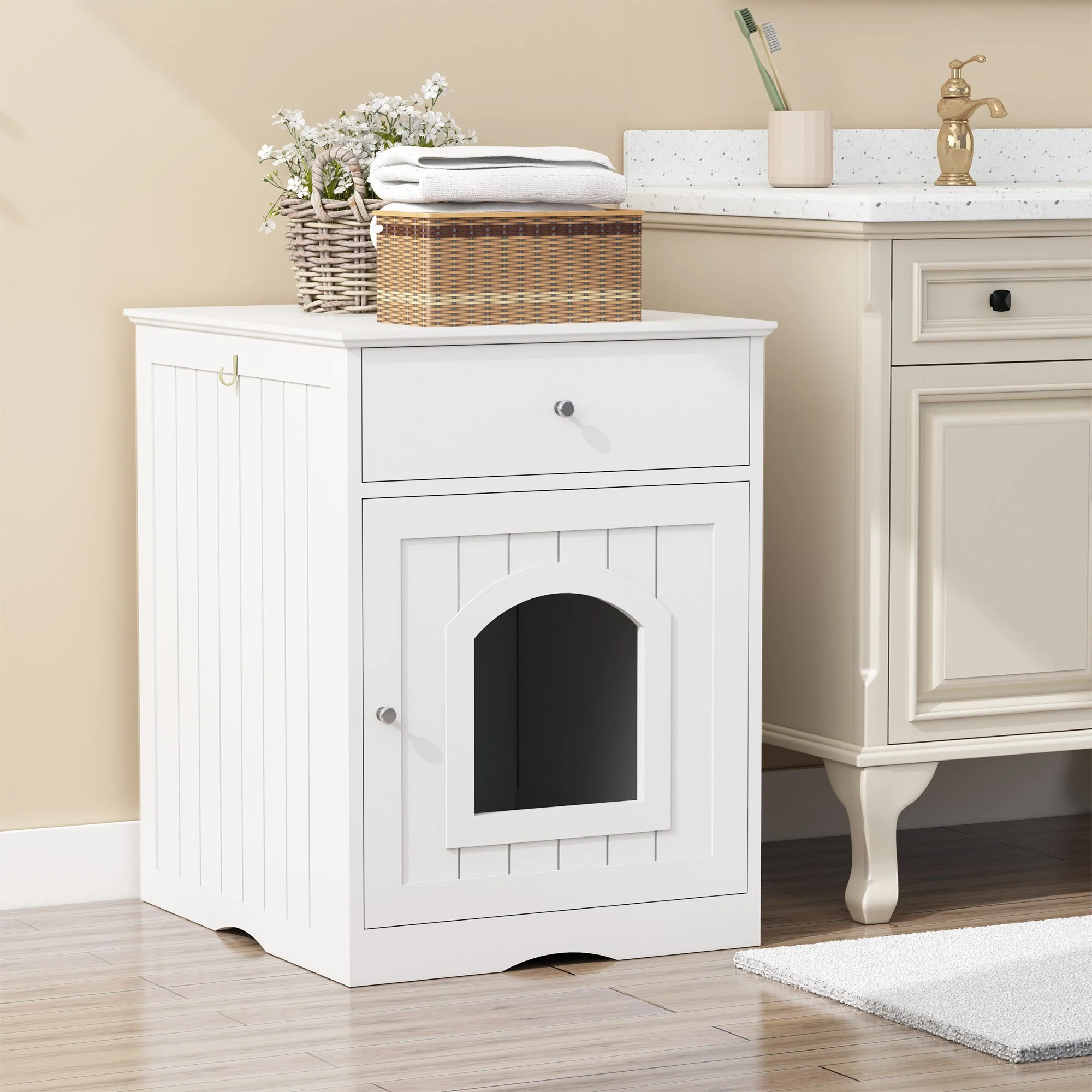 Wooden Pet House Cat Litter Box Enclosure with Drawer, Side Table, Indoor Pet Crate, Cat Home Nightstand (White) - Image 3