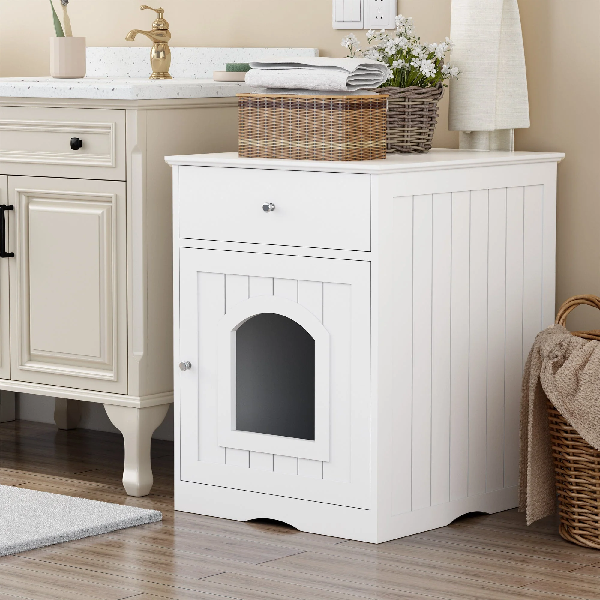 Wooden Pet House Cat Litter Box Enclosure with Drawer, Side Table, Indoor Pet Crate, Cat Home Nightstand (White) - Image 4